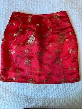 I.AM.GIA Red Brocade Mini Skirt with Gold Floral Detail